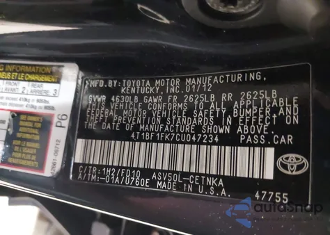 2012 Toyota Camry Le из США, поврежденный, VIN 4T1BF1FK7CU047234